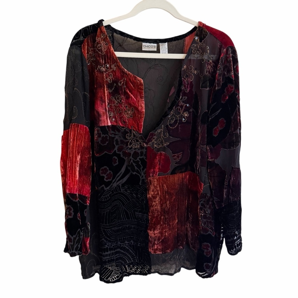 Chicos 3 XL Silk Velvet Blend Burnout V Neck Blouse Top Parchwork Beaded Boho